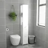 A bathroom scene with a toilet, a tall white cabinet, a hanging plant, and a trash can. Produktbild-Vorschau