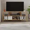 A television stand with a TV and various items on it. Produktbild-Vorschau