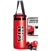 A red punching bag with black straps and boxing gloves next to it, with a small inset image showing a detail of the punching bag. Anteprima dell’immagine prodotto