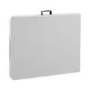 A folded white plastic table with a black handle on top, shown against a white background. Voir les images du produit