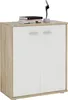 A white and wood grain sideboard with two doors and a decorative statue and books on top.