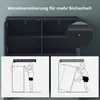 The image shows a cabinet with a diagram illustrating the importance of wall anchoring for safety. It contrasts a safe scenario with wall anchoring to an unsafe scenario without it. Produktbild-Vorschau
