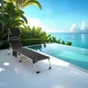 A black lounge chair is placed on a white tiled patio next to an infinity pool with a tropical background. Voir les images du produit