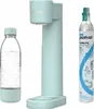 A mint-colored water carbonator, a clear plastic bottle filled with water, and a silver CO2 cylinder are arranged on a white background. Produktbild-Vorschau