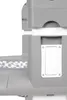 A close-up view of a gray and white baby high chair. Produktbild-Vorschau