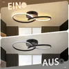 A split image showing a modern ceiling light fixture in two states: on and off. The top panel shows the light on with warm white illumination, labeled 'EIN' (German for 'ON'). The bottom panel shows the light off, labeled 'AUS' (German for 'OFF'). Voir les images du produit