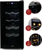 Collage showing a black wine cooler with glass door and internal shelves, along with close-up views of the digital display, controls, and interior lighting with bottles. Produktbild-Vorschau