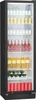 A tall, narrow, black beverage cooler with a glass door, filled with various drinks on multiple shelves. Produktbild-Vorschau