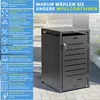 A dark gray trash can enclosure is shown in an outdoor setting with a tiled walkway and a stone wall in the background. Text boxes on the left describe the features of the product. Anteprima dell’immagine prodotto