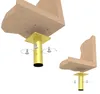 Two wooden furniture legs with gold metal mounting plates and screws, shown from a low angle. Produktbild-Vorschau