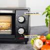 A close-up shot of a black mini oven with a pizza inside, showing control knobs and labels indicating temperature and timer settings. Vegetables are visible in the foreground. Voir les images du produit