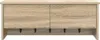 A front view of a light brown wooden wall-mounted cabinet with two doors and six black hooks underneath. Voir les images du produit