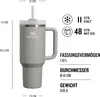 A diagram showing the dimensions and features of a Stanley tumbler. Produktbild-Vorschau