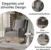 A grey rocking chair with wooden legs is shown in a room setting, with close-up insets highlighting its features. Produktbild-Vorschau