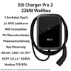 A black Elli Charger Pro 2 wallbox with a coiled cable, presented with a list of its features. Anteprima dell’immagine prodotto