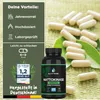 A bottle of Nattokinase supplement with loose capsules scattered around it, set against a green textured background. The left side of the image features marketing text and icons highlighting product benefits. Produktbild-Vorschau