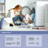 Washing machine in a laundry room with a woman and baby, below are laundry care instructions Anteprima dell’immagine prodotto