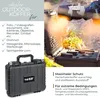 A black outdoor case is shown in the foreground, with a blurred background of outdoor scenery and equipment. Text overlays describe the product's features and uses. Produktbild-Vorschau