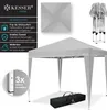 A grey pop-up gazebo is shown with its features highlighted through text and diagrams. Produktbild-Vorschau