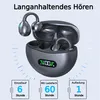 A pair of wireless earbuds in a charging case, with text and icons indicating battery life and usage. Produktbild-Vorschau