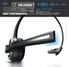 A close-up marketing image of a black mono Bluetooth headset with a charging station and text highlighting its features. Produktbild-Vorschau