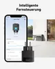 A smartphone displaying a smart plug app, a smart plug device, and a smart home setup. Produktbild-Vorschau