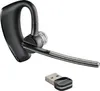 A black Bluetooth headset and its USB dongle are shown against a white background. Podgląd zdjęcia produktu