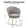A grey velvet chair with gold legs, with dimensions and weight capacity indicated by text and lines. Voir les images du produit