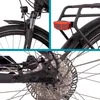 A collage of close-up shots of an electric bicycle, showing the front fork and fender, the rear rack with a reflector, and the rear disc brake and wheel. Produktbild-Vorschau