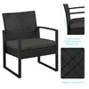 A black rattan armchair with a gray cushion, shown with close-up details of its design and construction. Podgląd zdjęcia produktu