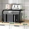 Schwarzer Metall-Mikrowellenständer, der eine Mikrowelle und zwei Toaster hält, mit Maßen von 55 cm Breite und 35 cm Höhe und Tiefe Náhľad obrázku produktu