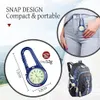 A collage showing a carabiner watch attached to jeans, a close-up of the watch with dimensions, and a backpack with a watch attached. Produktbild-Vorschau