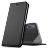 A black flip cover case for a Samsung Galaxy A7 2018 is shown standing upright, with the phone partially visible inside. Produktbild-Vorschau