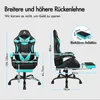 Collage of a gaming chair with measurement diagrams and text in German. Produktbild-Vorschau