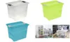 Collage of clear storage boxes in different colors and a scene showing storage solutions. Náhled obrázku produktu