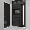 A modern entryway with a dark wood door and a black modular storage unit. Voir les images du produit