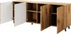 A long, low sideboard with four doors, two on the left are white, and two on the right have a vertical wood grain pattern. The doors are open, revealing shelves inside. Náhled obrázku produktu
