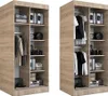 Two identical wardrobe units are shown side-by-side, each filled with various items like suitcases, bags, and clothing. Produktbild-Vorschau