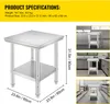 Collage of images showing a stainless steel work table and its specifications, along with lifestyle shots of it in a kitchen setting. Podgląd zdjęcia produktu