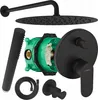 A collection of black and green bathroom fixtures, including a showerhead, hand shower, shower valve, and internal plumbing components, arranged on a white background. Produktbild-Vorschau