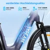 Close-up marketing image of an electric bicycle's battery compartment and front wheel, with feature callouts. Produktbild-Vorschau