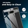 A clear phone case is shown on a Google Pixel 7 phone, with marketing text and icons. Produktbild-Vorschau