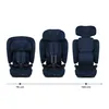Three navy blue car seats are shown side-by-side, with measurement indicators below them. Náhled obrázku produktu