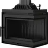 A black fireplace insert with glass doors and a chimney flue on top, isolated on a white background. Anteprima dell’immagine prodotto