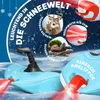 A blue sled with red lights in a snowy environment, with marketing text and graphics. Produktbild-Vorschau