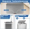 A collage of images showing a silver trash can with its lid open and closed, highlighting its features. Podgląd zdjęcia produktu