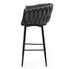 A side view of a gray bar stool with a braided upholstered seat and back, on a white background. Podgląd zdjęcia produktu