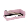 A pink upholstered bed frame with the mattress support mechanism lifted to reveal storage space underneath. Produktbild-Vorschau