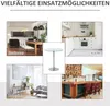 Collage of different room settings and a product shot of a round glass-top table with a metal base. Produktbild-Vorschau