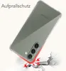 A clear phone case is shown on a cracked surface, with red lightning bolts indicating impact protection. Voir les images du produit